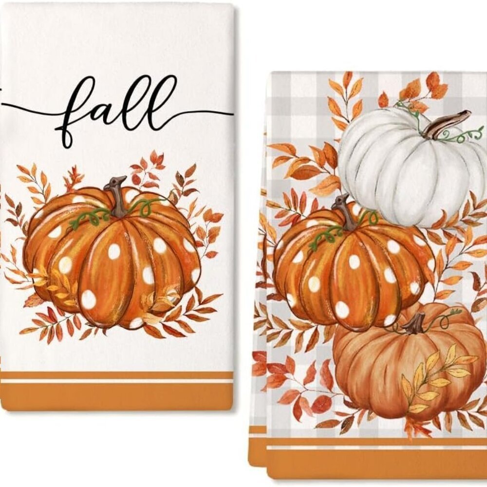 Fall Kitchen Towels for Fall Decor,Orange Pumpkin Polka Dot Autumn Dish Towels 1